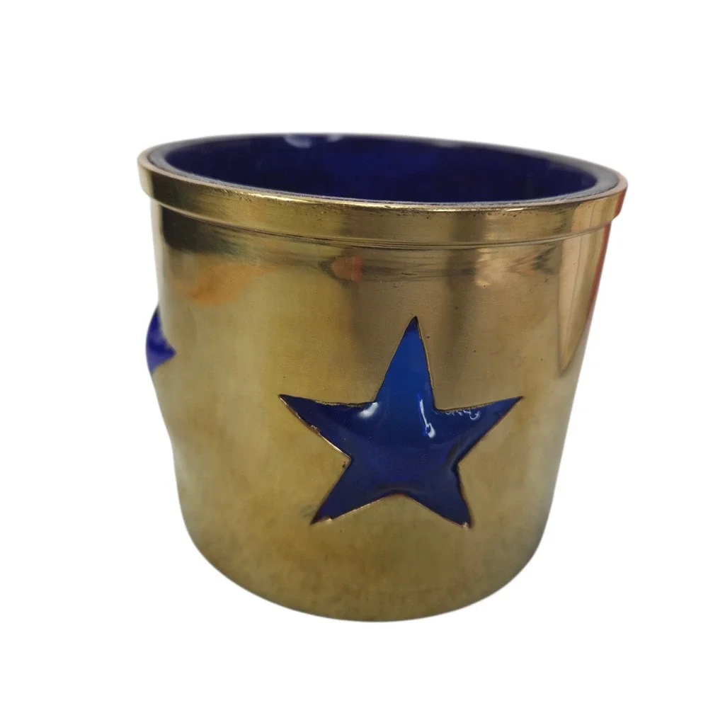 Solid Brass Star Pierced Votive Candle Holder With Blue Glass Intl Silver Co Vtg